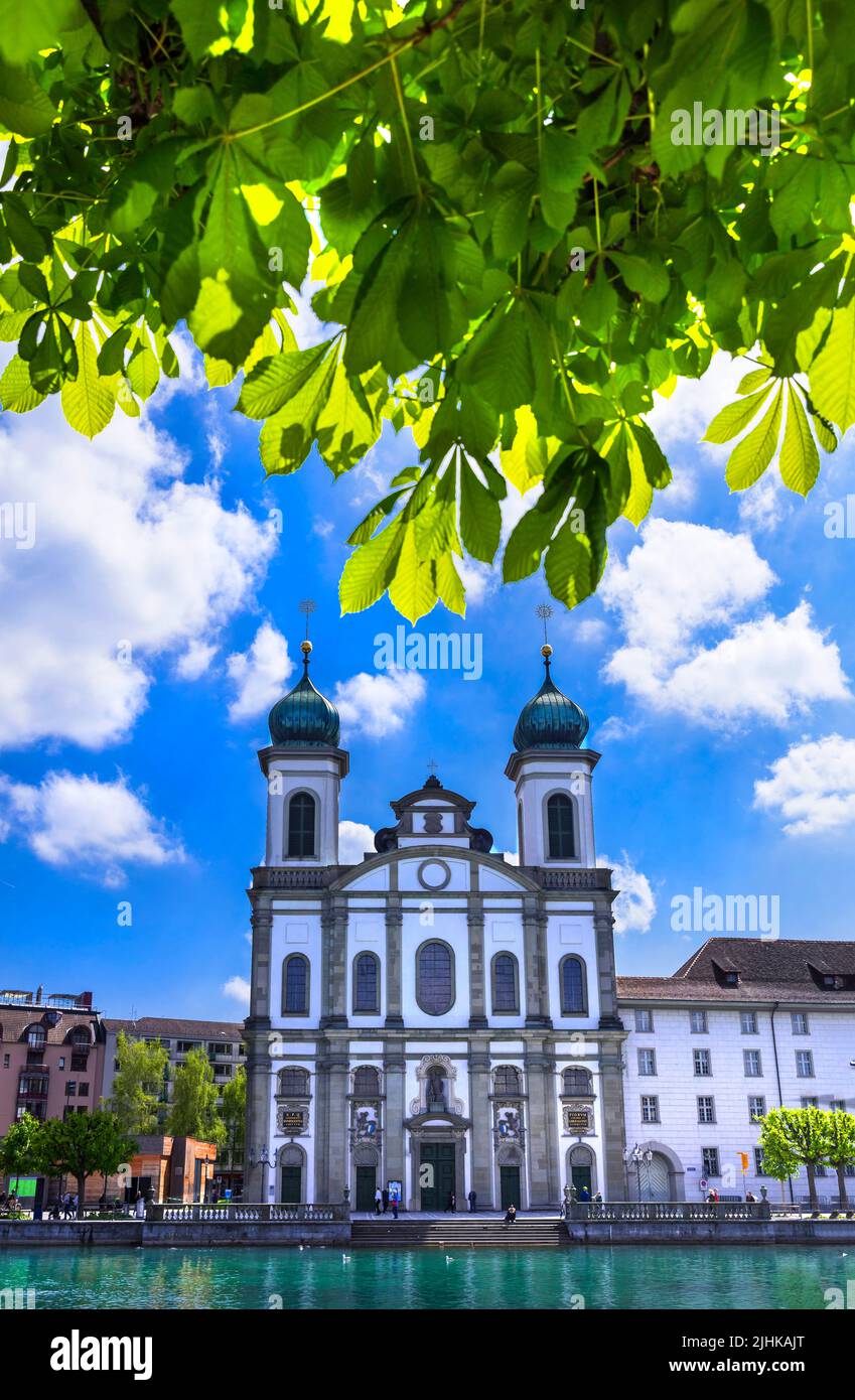 Lucerne - beautiful romantic city in Switzerland. view of famous Jesuit Church (Jesuitenkirche cathedral ) in old town Stock Photo