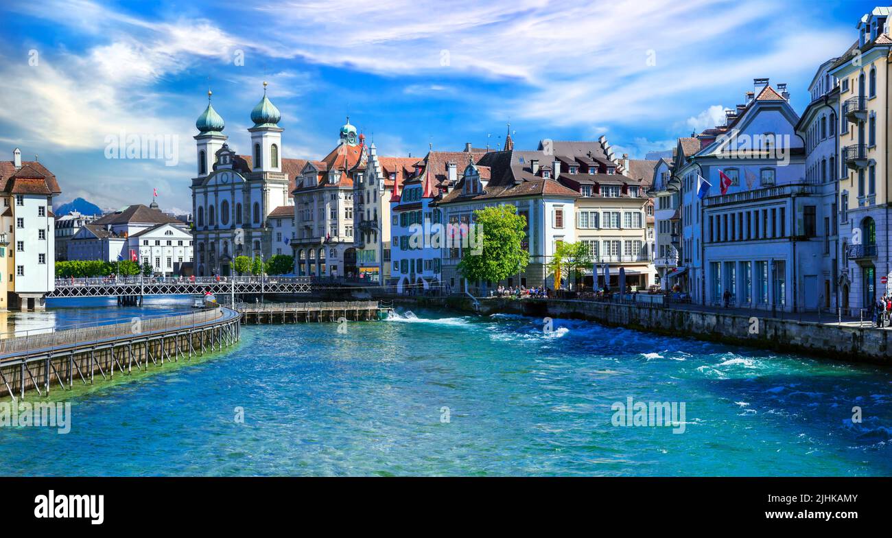 Most beautiful and romantic town and tourist destination in Switzerland -  Luzerne. Stock Photo
