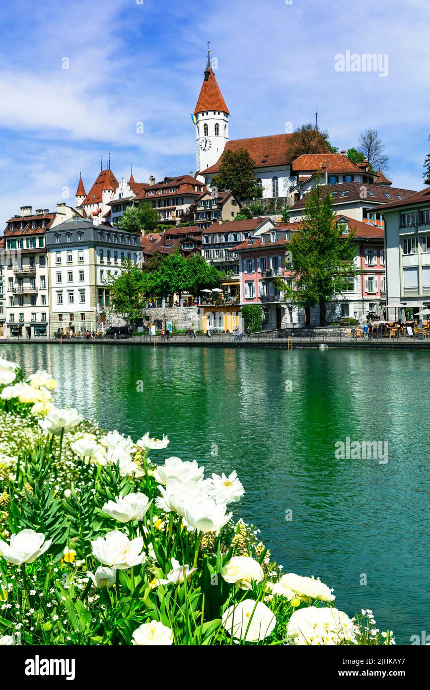 Beautiful towns and places of Switzerland - Thun town and lake Stock Photo