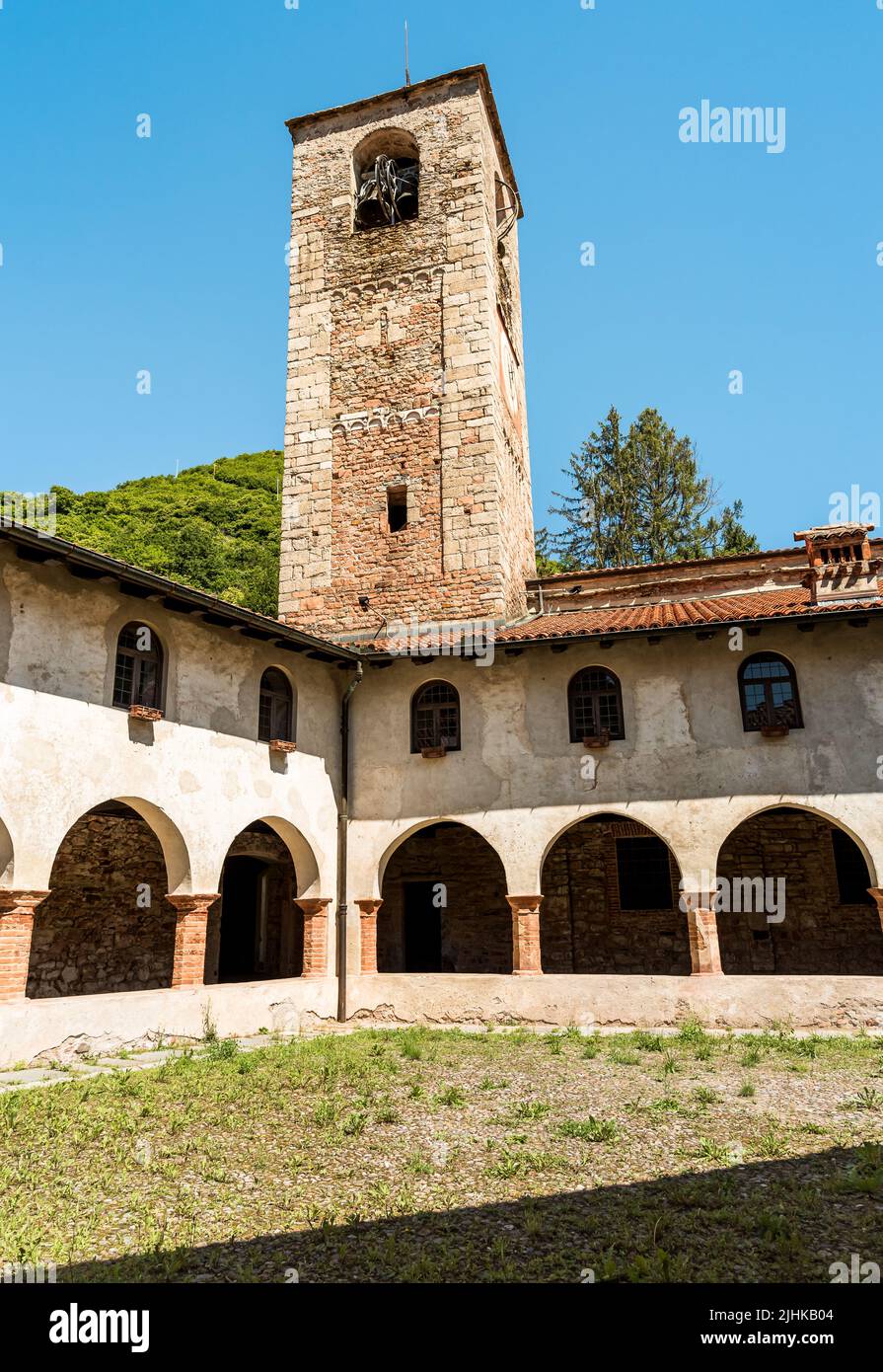 Courtyard with Bell Tower of the Parish Museum of the Abbey of Saint Gemolo in Ganna, Valganna, province of Varese, Italy Stock Photo