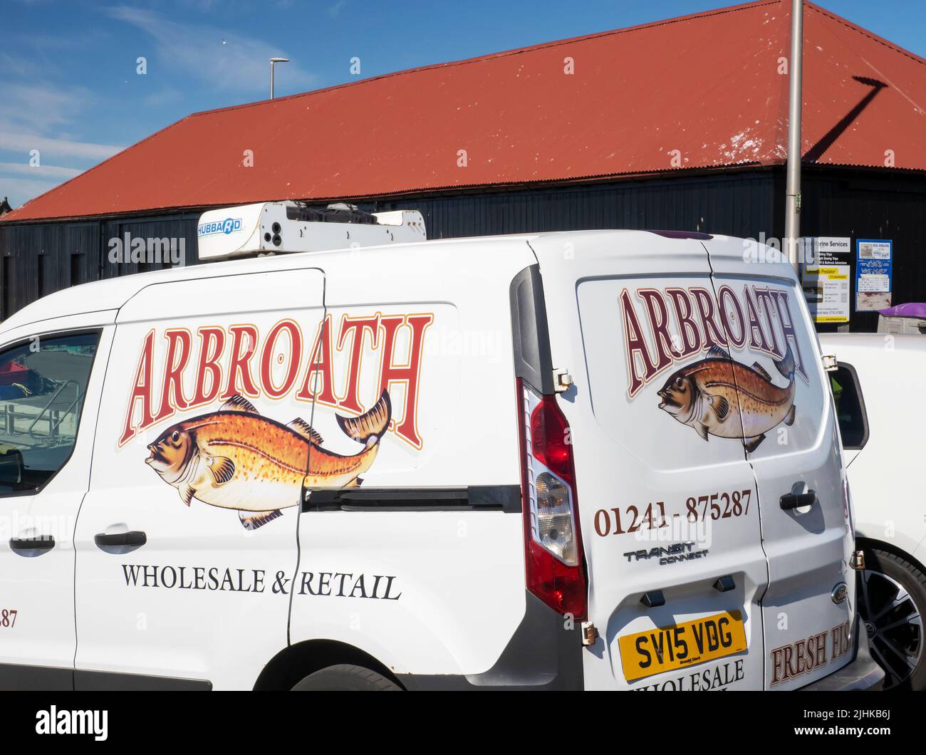A fish van on the harbour at Arbroath in NE Scotland, UK, home of the famous Arbroath smokie. Stock Photo
