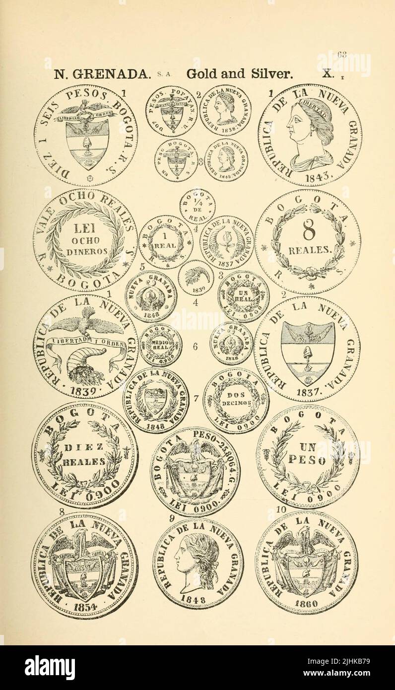 New Grenada Coins from the book Illustrated encyclopaedia of gold and silver coins of the world; illustrating the modern, ancient, current and curious, from A.D. 1885 back to B.C. 700 by Andrew Madsen Smith, Publication date 1886 Stock Photo