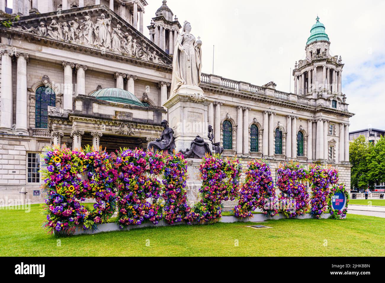 Floral flowers display spelling out 'BELFAST' in the grounds of Belfast City Hall, Northern Ireland, United Kingdom, UK Stock Photo