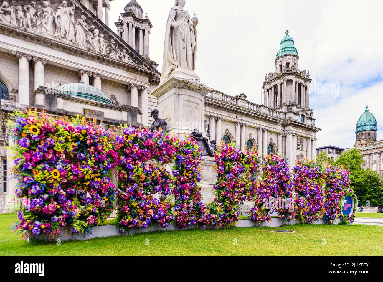 Floral flowers display spelling out 'BELFAST' in the grounds of Belfast City Hall, Northern Ireland, United Kingdom, UK Stock Photo