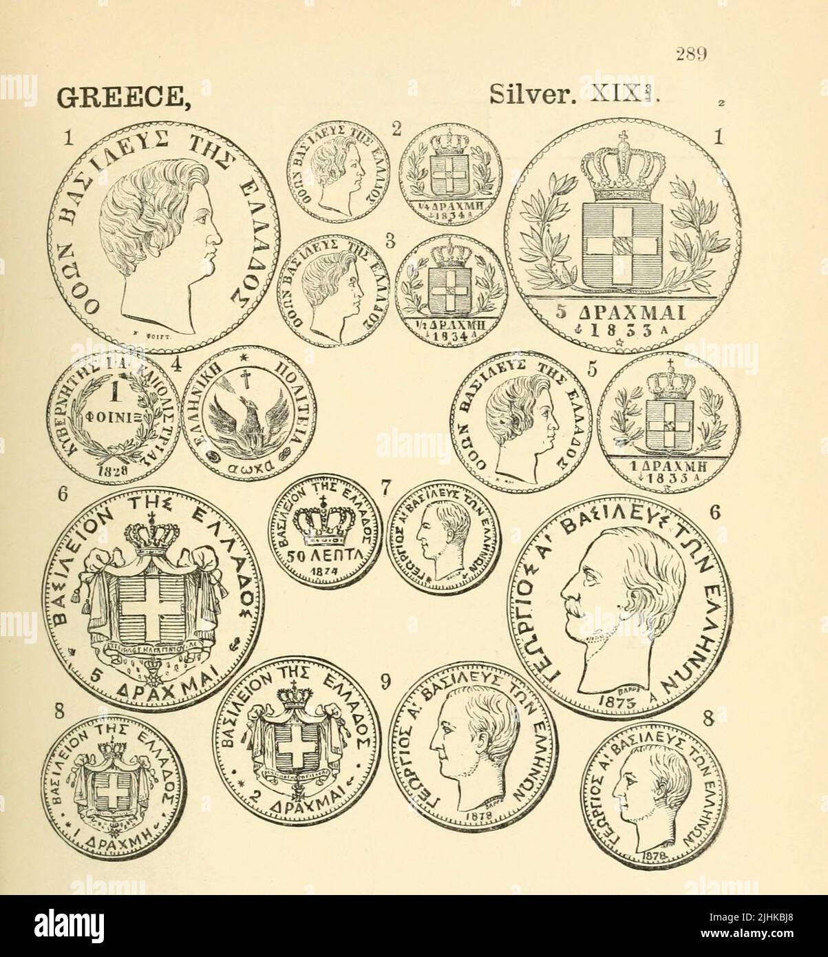 Silver Coins of Greece from the book Illustrated encyclopaedia of gold and silver coins of the world; illustrating the modern, ancient, current and curious, from A.D. 1885 back to B.C. 700 by Andrew Madsen Smith, Publication date 1886 Stock Photo