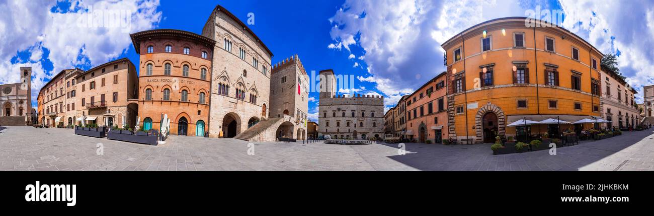 Italy travel and lanmarks. Historic medieval town Todi in Umbria. Panorama 360 degree of  wonderful square 'Piazza del poppolo' in the center. 11.07.2 Stock Photo