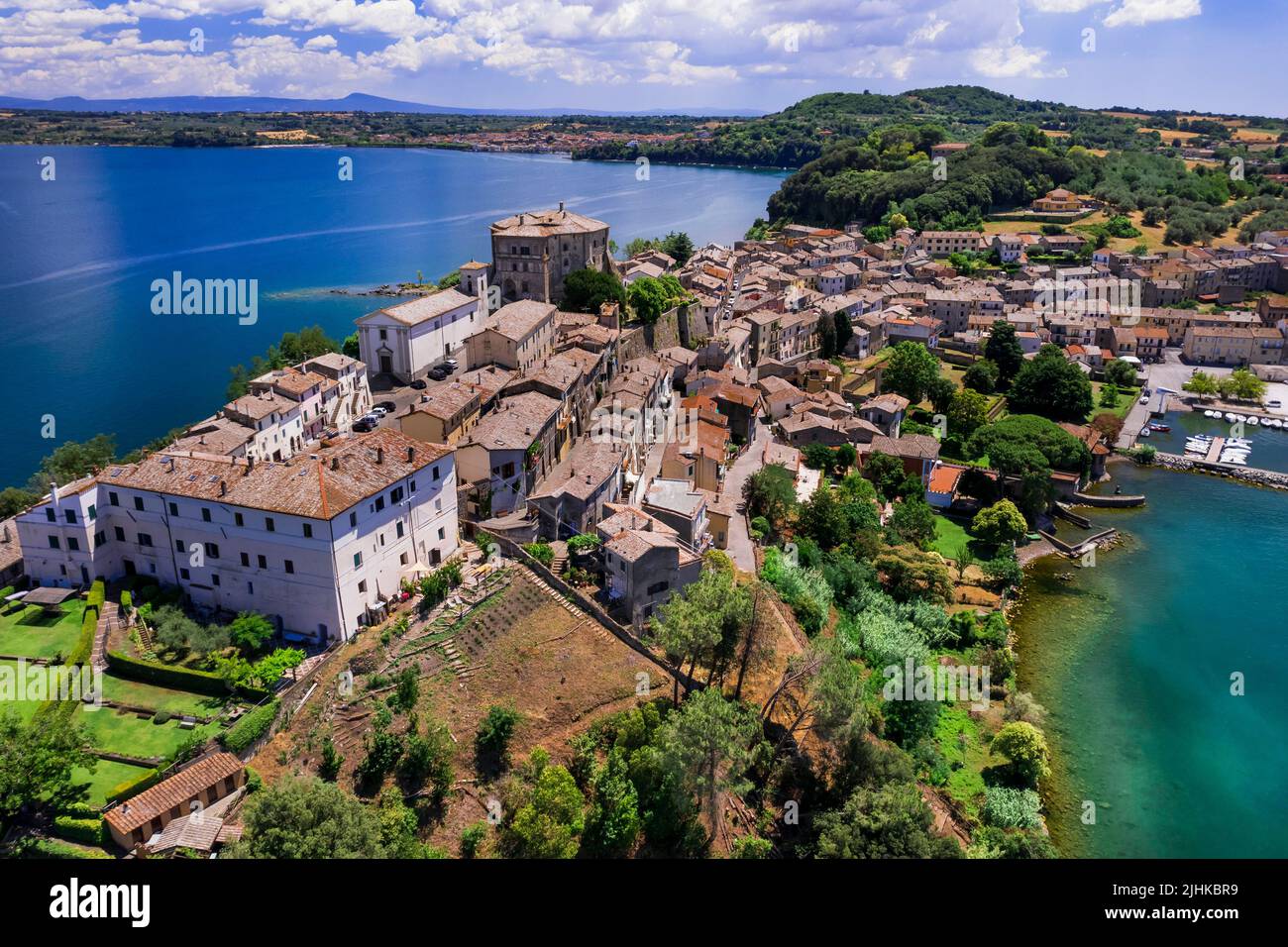 Scenic lakes of Italy - beautiful Bolsena. aerial view of Capodimonte medieval village. Viterbo province, Lazio region Stock Photo