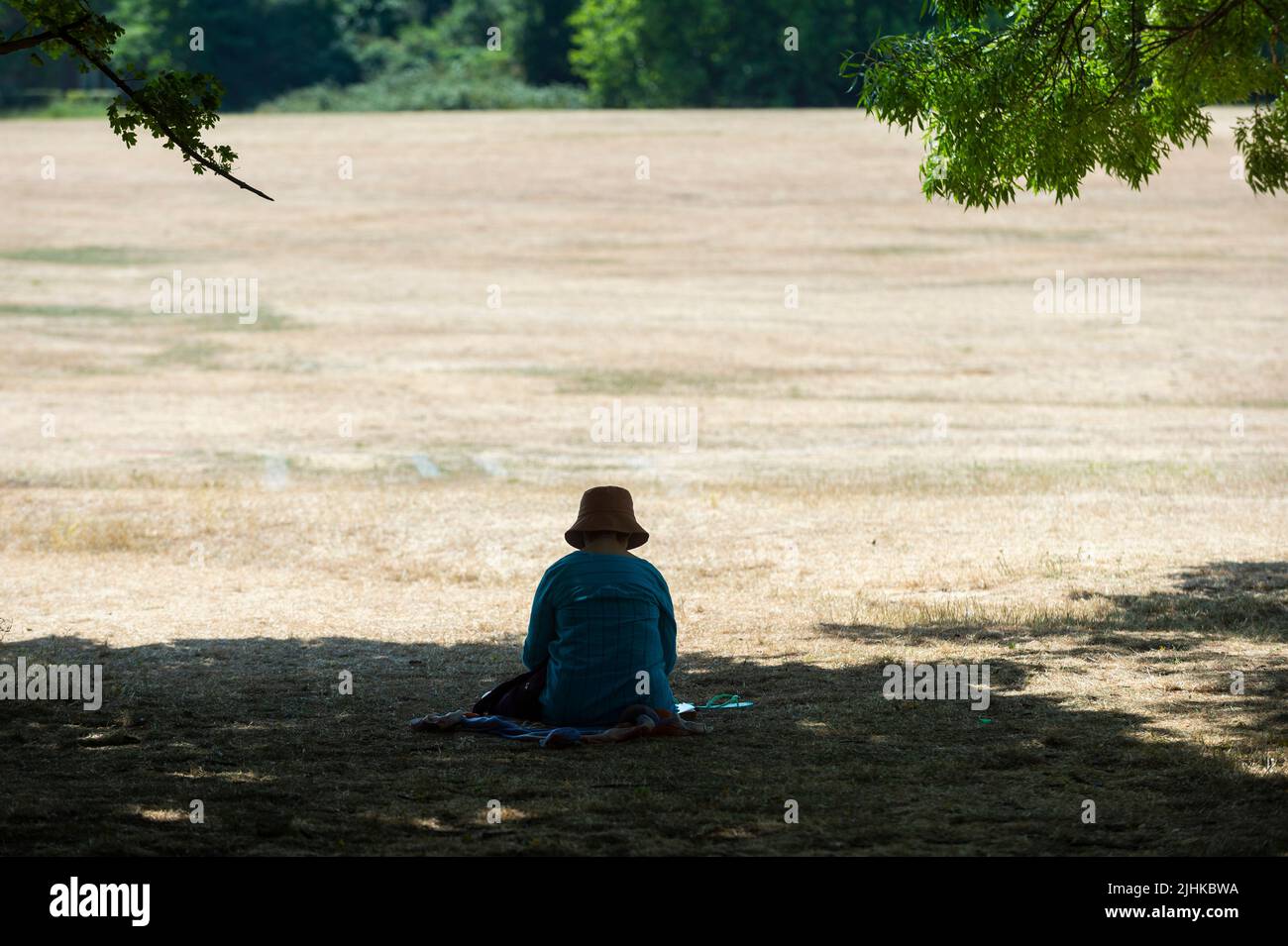 London, UK.  19 July 2022.  UK Weather – A woman sits in the shade at Primrose Hill during the severe heatwave gripping much of the country, where temperatures today exceeded 40C for the first time ever.  The UK Health Security Agency (UKHSA) has issued a heat health warning of level 4, a “national emergency”, and the Met Office has issued its first red warning. Credit: Stephen Chung / Alamy Live News Stock Photo