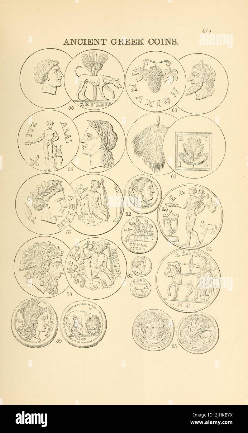 Ancient Greek Coins from the book Illustrated encyclopaedia of gold and silver coins of the world; illustrating the modern, ancient, current and curious, from A.D. 1885 back to B.C. 700 by Andrew Madsen Smith, Publication date 1886 Stock Photo