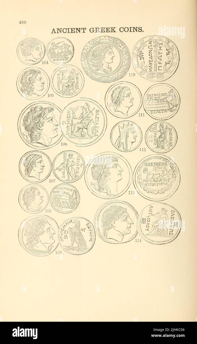 Ancient Greek Coins from the book Illustrated encyclopaedia of gold and silver coins of the world; illustrating the modern, ancient, current and curious, from A.D. 1885 back to B.C. 700 by Andrew Madsen Smith, Publication date 1886 Stock Photo