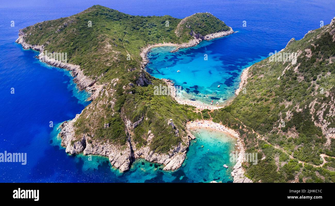 Greece nature scenery. most scenic beaches of Corful island. Unique double side beach Porto Timoni with crystal clear sea. Aerial bird eye drone view Stock Photo