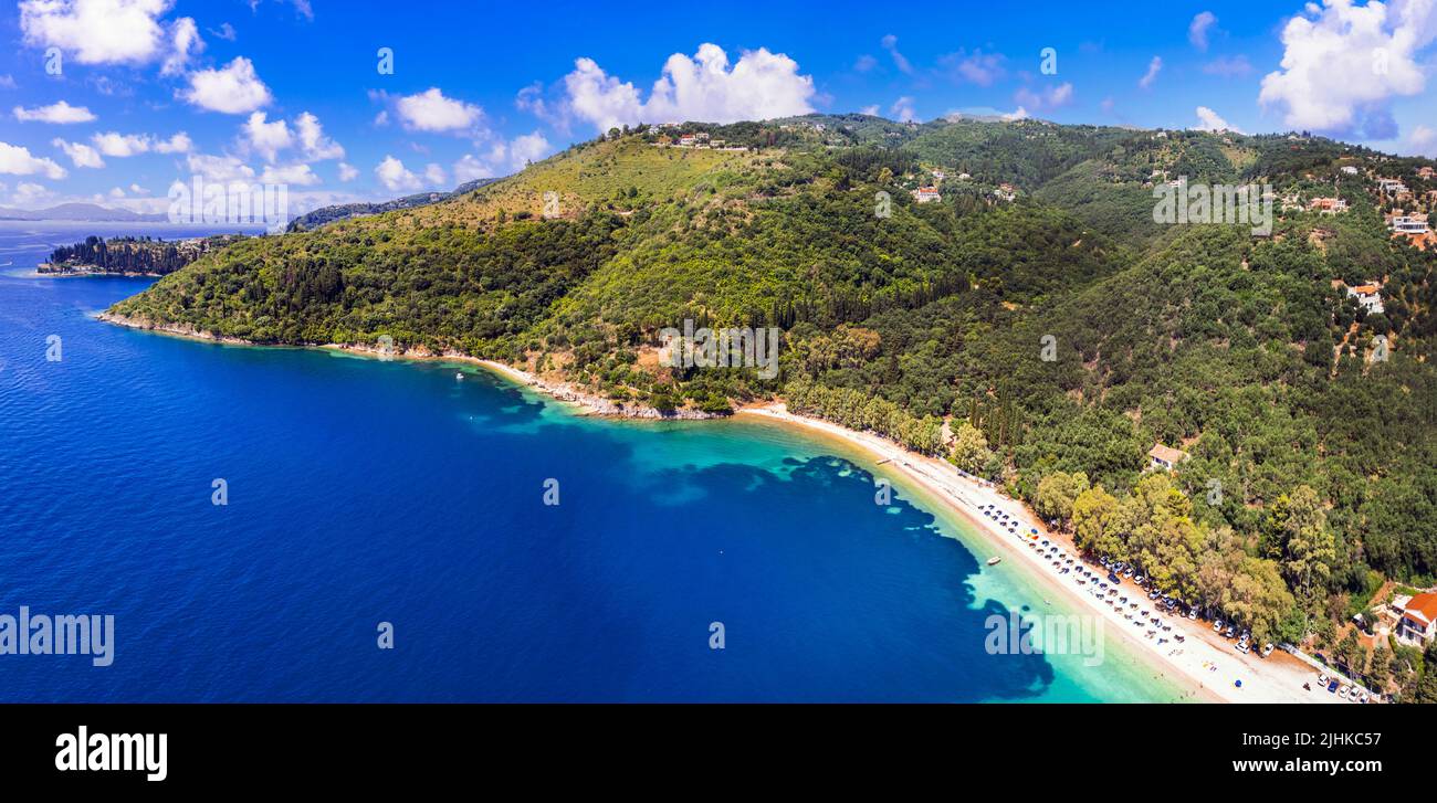 Stunning nature scenery of Corfu island. Beautiful Kerasi beach aerial view, eastern part in front of Albania. Greece, Ionian islands Stock Photo