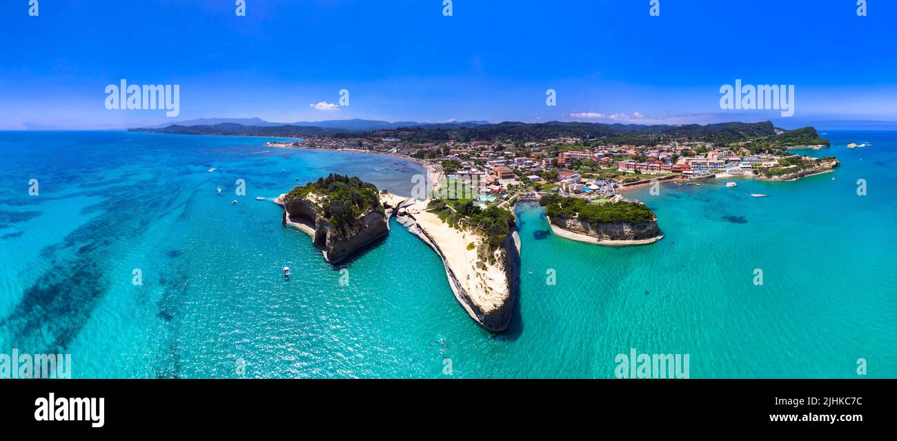 Corfu island nature sea scenery. Panoramic aerial view of stuning bay of Sidari, popular tourist resort with beautiful rock formation and famous Canal Stock Photo