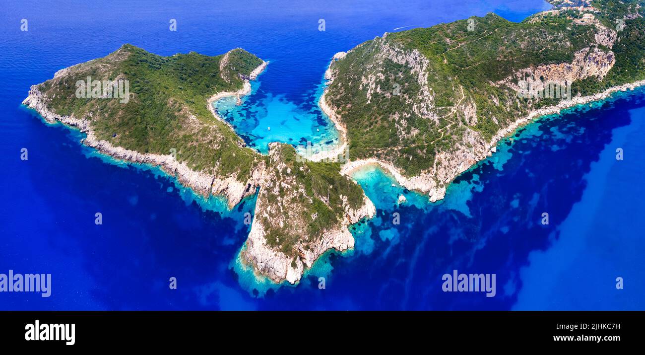 Greece nature scenery. most scenic beaches of Corful island. Unique double side beach Porto Timoni with crystal clear sea. Aerial bird eye drone view Stock Photo