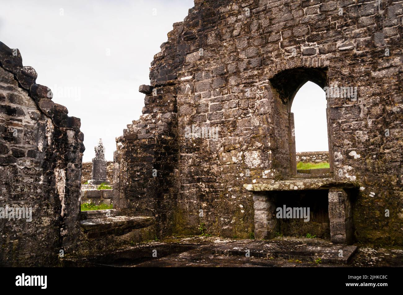 Stepped gable and Gothic pointed arch at Abbey of Ballinassmalla ruins, County Mayo, Ireland. Stock Photo