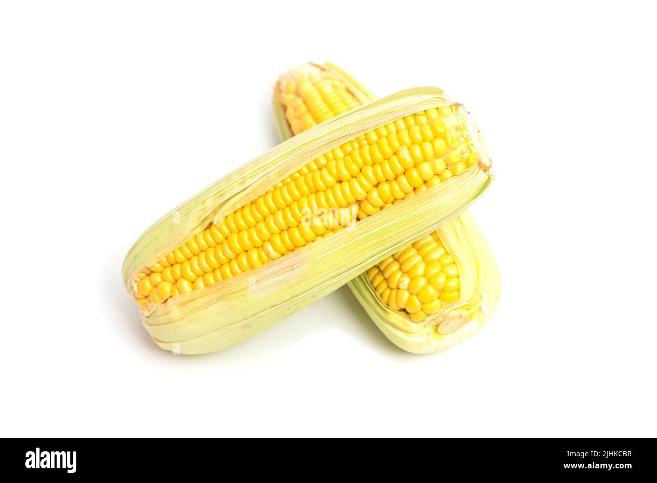 Two ear of sweet corn isolated on white background Stock Photo Alamy