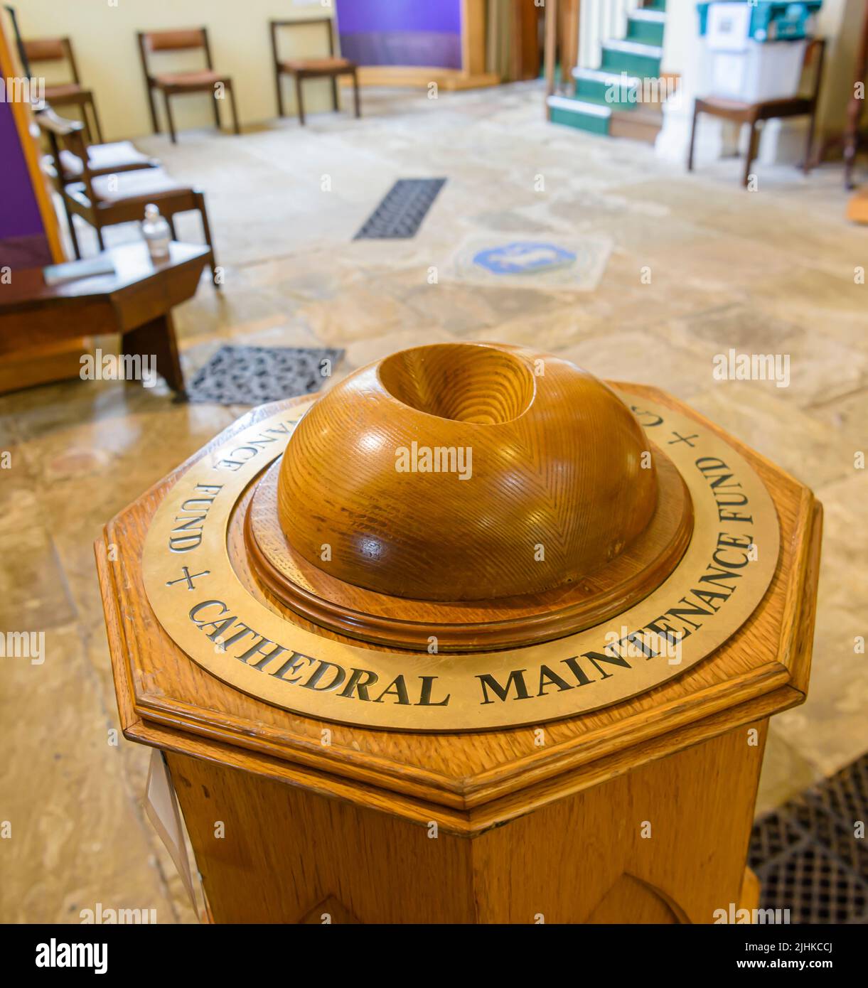 Wooden collection bowl for building maintenance at Down Cathedral (Church of Ireland), Downpatrick, County Down, Northern Ireland, United Kingdom, UK Stock Photo