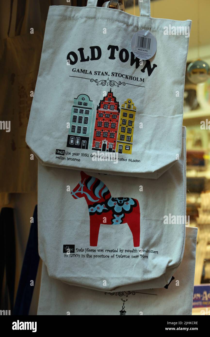 Souvenir bags for sale in Stockholm Stock Photo