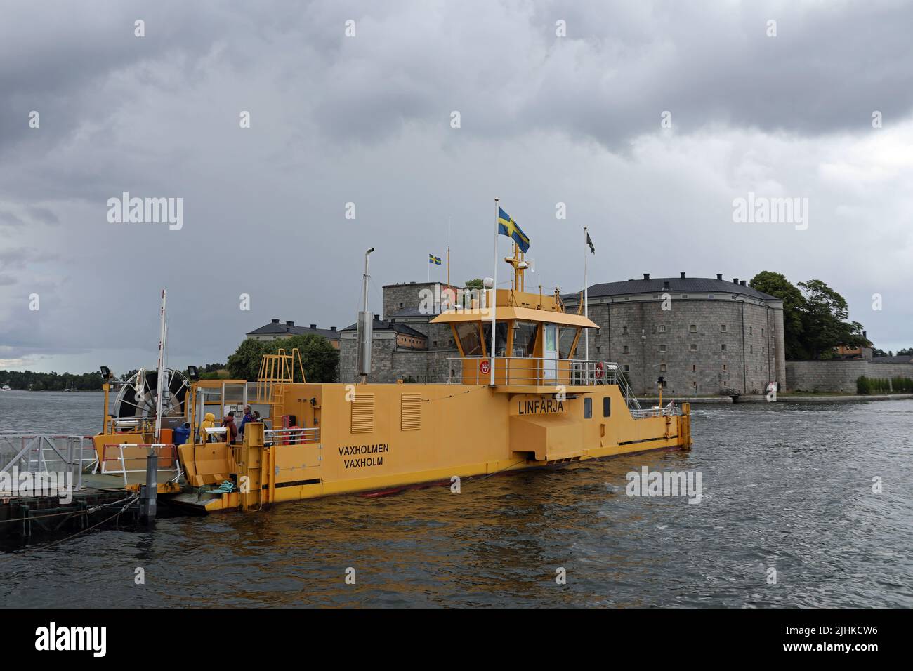 Passenger cable ferry to Vaxholm Castle Stock Photo