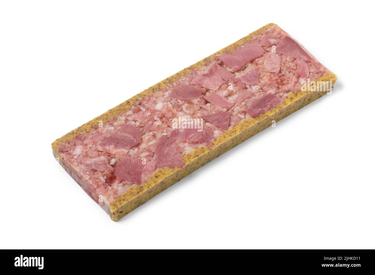 Single slice of traditional Belgian brawn, head cheese, with mustard on white background close up Stock Photo
