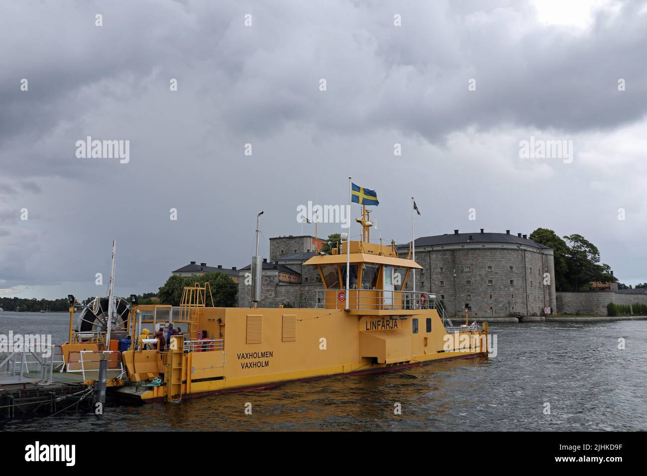 Passenger cable ferry to Vaxholm Castle Stock Photo