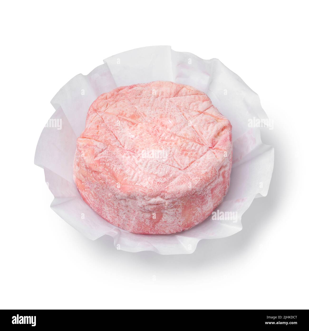Le rose, soft French cheese with cow’s milk and refined with rosé champagne isolated on white background Stock Photo