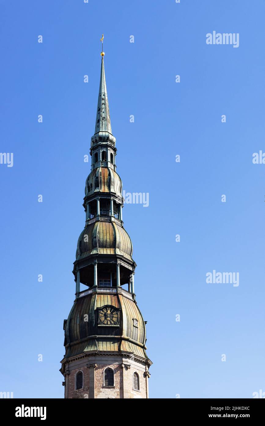 The steeple of St Peters Church, Riga Latvia. A lutheran church originally built 1200s, most recently rebuilt after WWII; Riga old town, Latvia Europe Stock Photo
