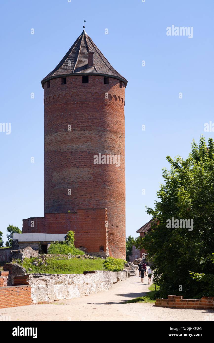 Latvia castle; Turaida Castle Latvia; the brick built tower of the 13th century medieval castle, Turaida, Latvia Europe Stock Photo