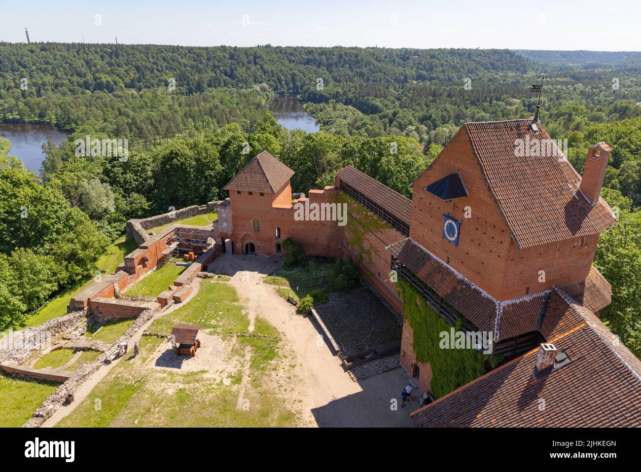 Medieval Castle; 13th century Turaida Castle, view seen from above, from the top of the castle tower, Turaida Latvia Europe Stock Photo