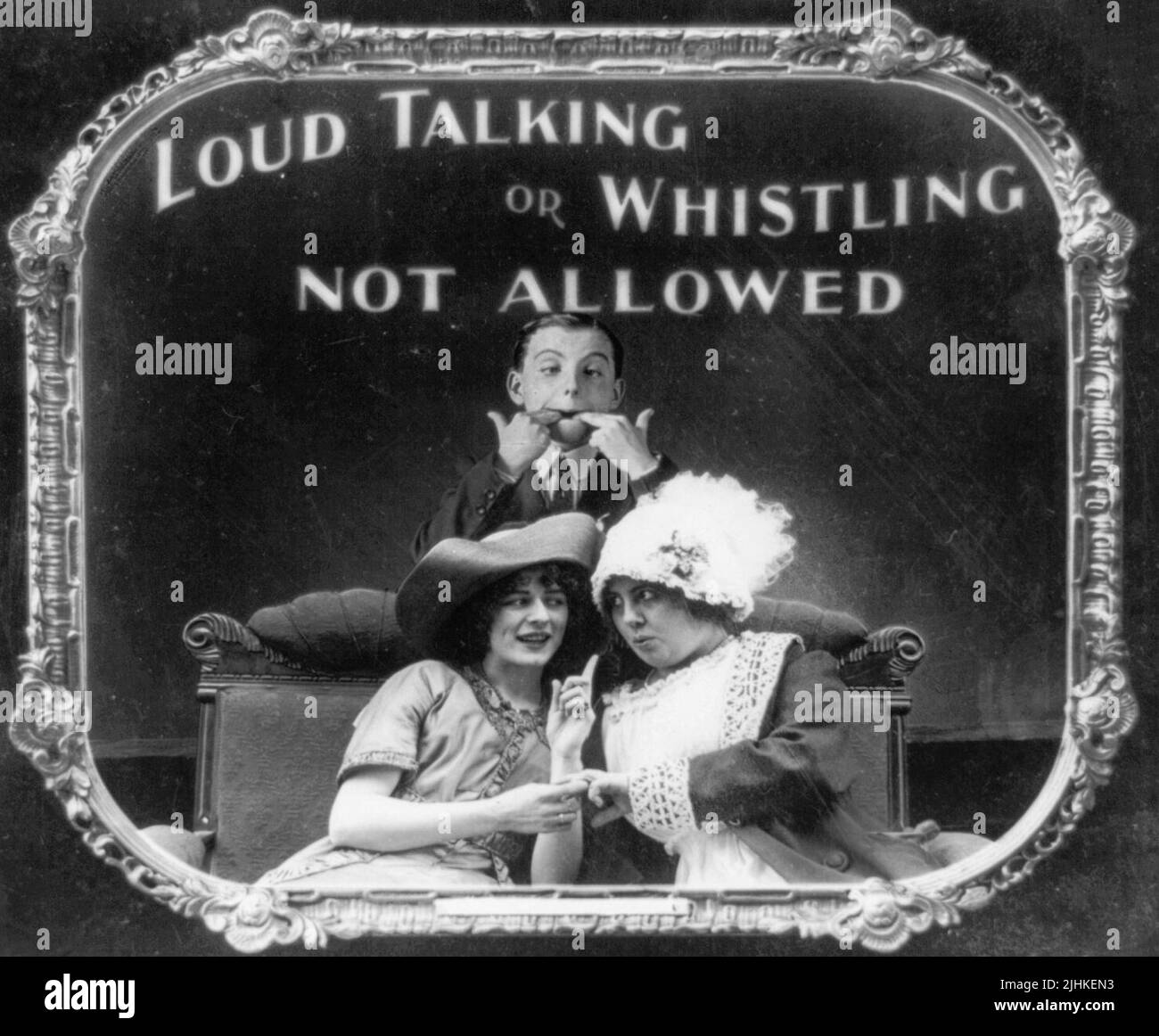 Loud talking or whistling not allowed. Positive paper print from lantern slide used in motion picture theaters as announcement. Stock Photo