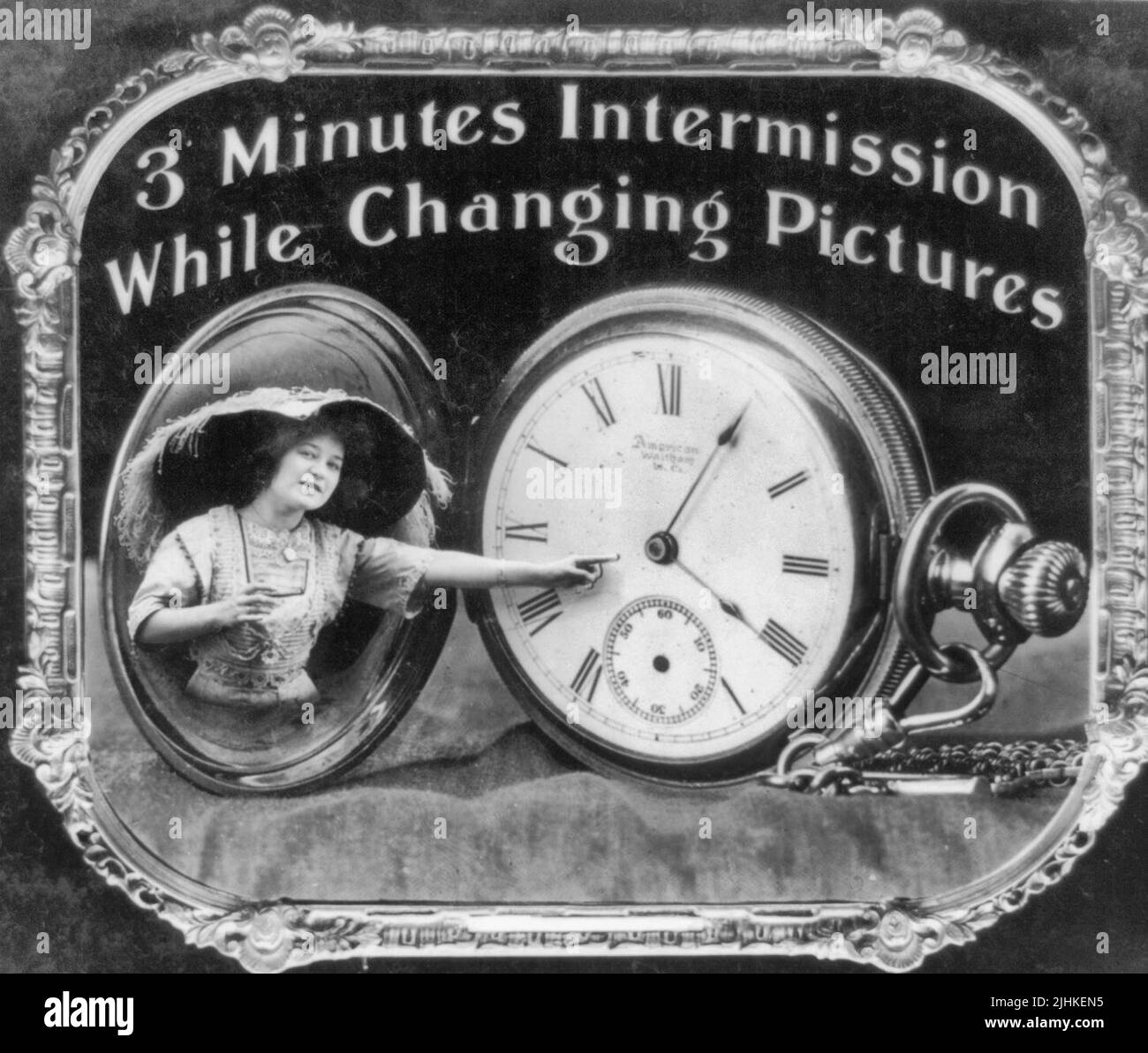 3 minutes intermission while changing pictures Photo shows woman pointing at pocket watch dial. Positive paper print from lantern slide used in motion picture theaters as announcement. Stock Photo
