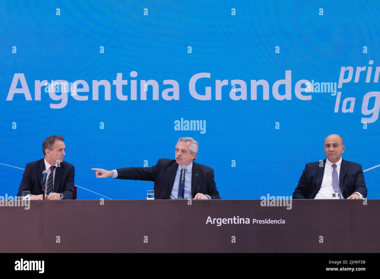 Buenos Aires, Argentina. 18th July, 2022. President Alberto Fernández led the presentation of Argentina Grande, Infrastructure Plan for the Development of the Nation, together with the Minister of Public Works, Gabriel Katopodis and the Chief of the Cabinet of Ministers Juan Manzur in Buenos Aires, Argentina on July 18, 2022. (Photo by Esteban Osorio/Pacific Press/Sipa USA) Credit: Sipa USA/Alamy Live News Stock Photo