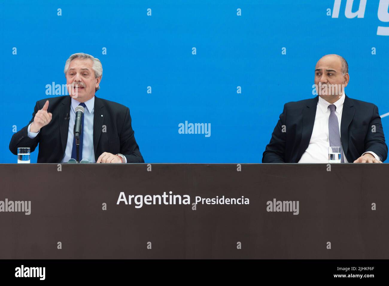 Buenos Aires, Argentina. 18th July, 2022. President Alberto Fernández led the presentation of Argentina Grande, Infrastructure Plan for the Development of the Nation, together with the Chief of the Cabinet of Ministers Juan Manzur in Buenos Aires, Argentina on July 18, 2022. (Photo by Esteban Osorio/Pacific Press/Sipa USA) Credit: Sipa USA/Alamy Live News Stock Photo