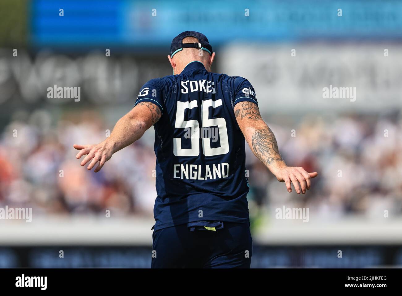 Ben Stokes of England stretching during the excessive heat during the game Stock Photo