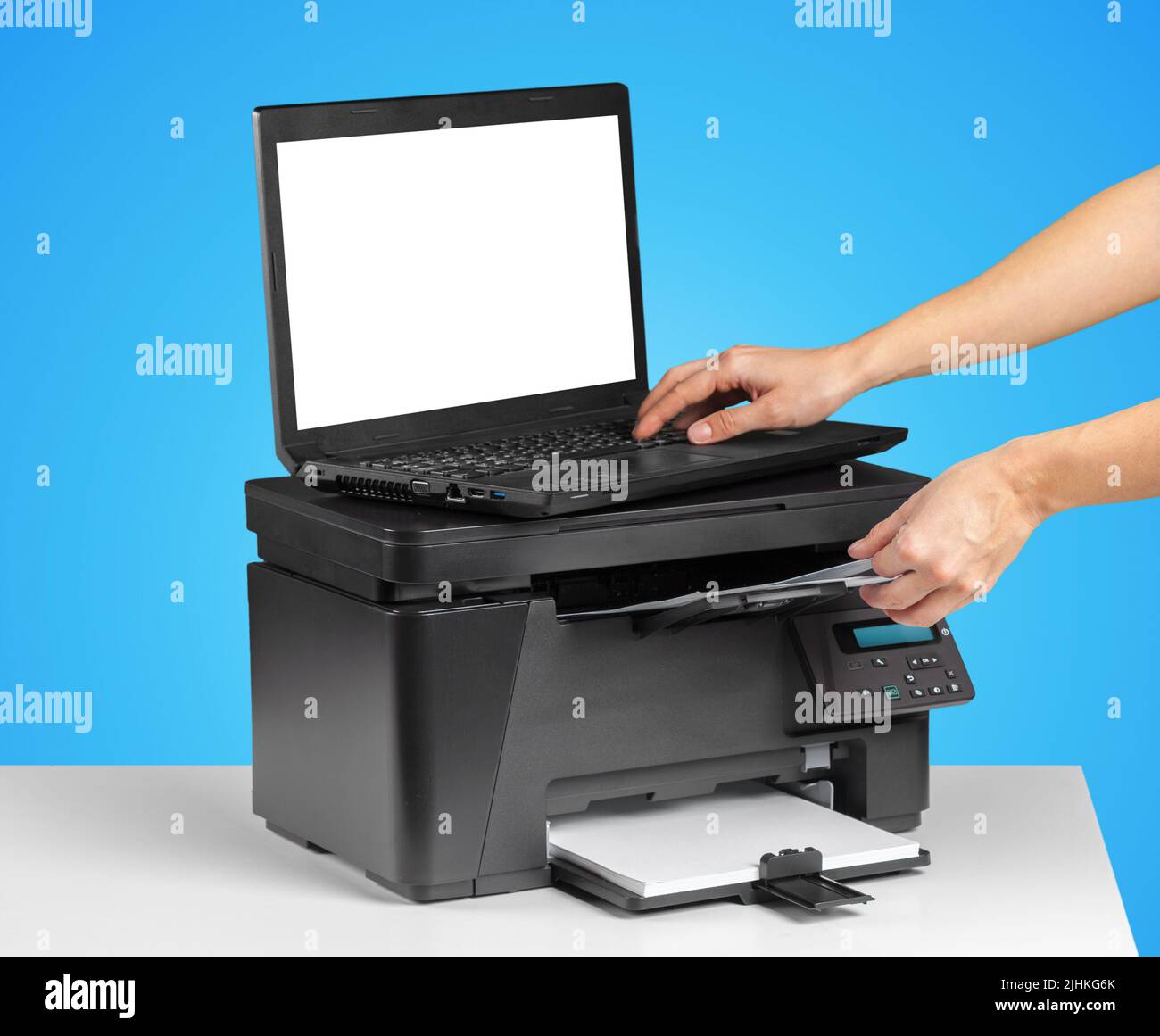 Printer and computer. Office table Stock Photo - Alamy