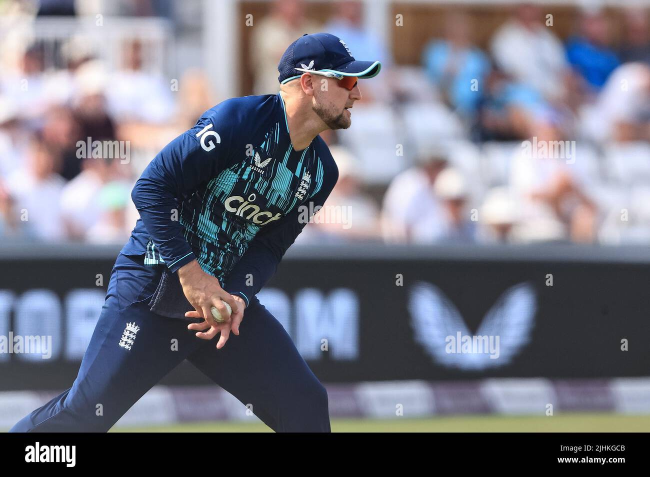 Chester Le Street, UK. 19th July, 2022. Liam Livingstone of England fields the ball in Chester-le-street, United Kingdom on 7/19/2022. (Photo by Mark Cosgrove/News Images/Sipa USA) Credit: Sipa USA/Alamy Live News Stock Photo