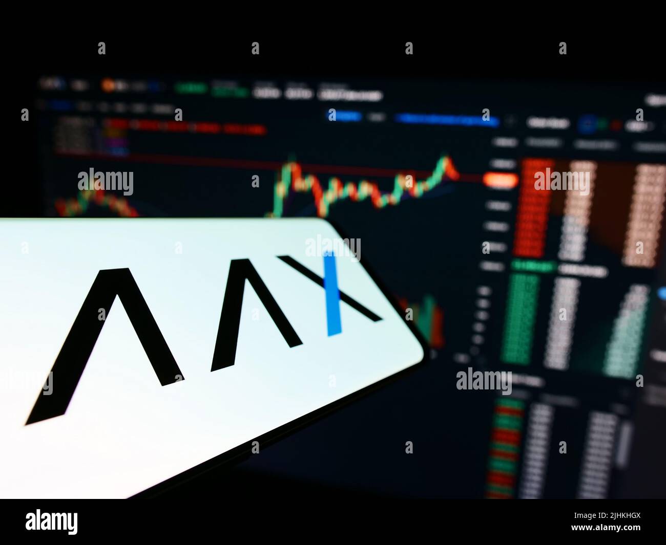 Mobile phone with logo of cryptocurrency exchange company AAX Limited ...