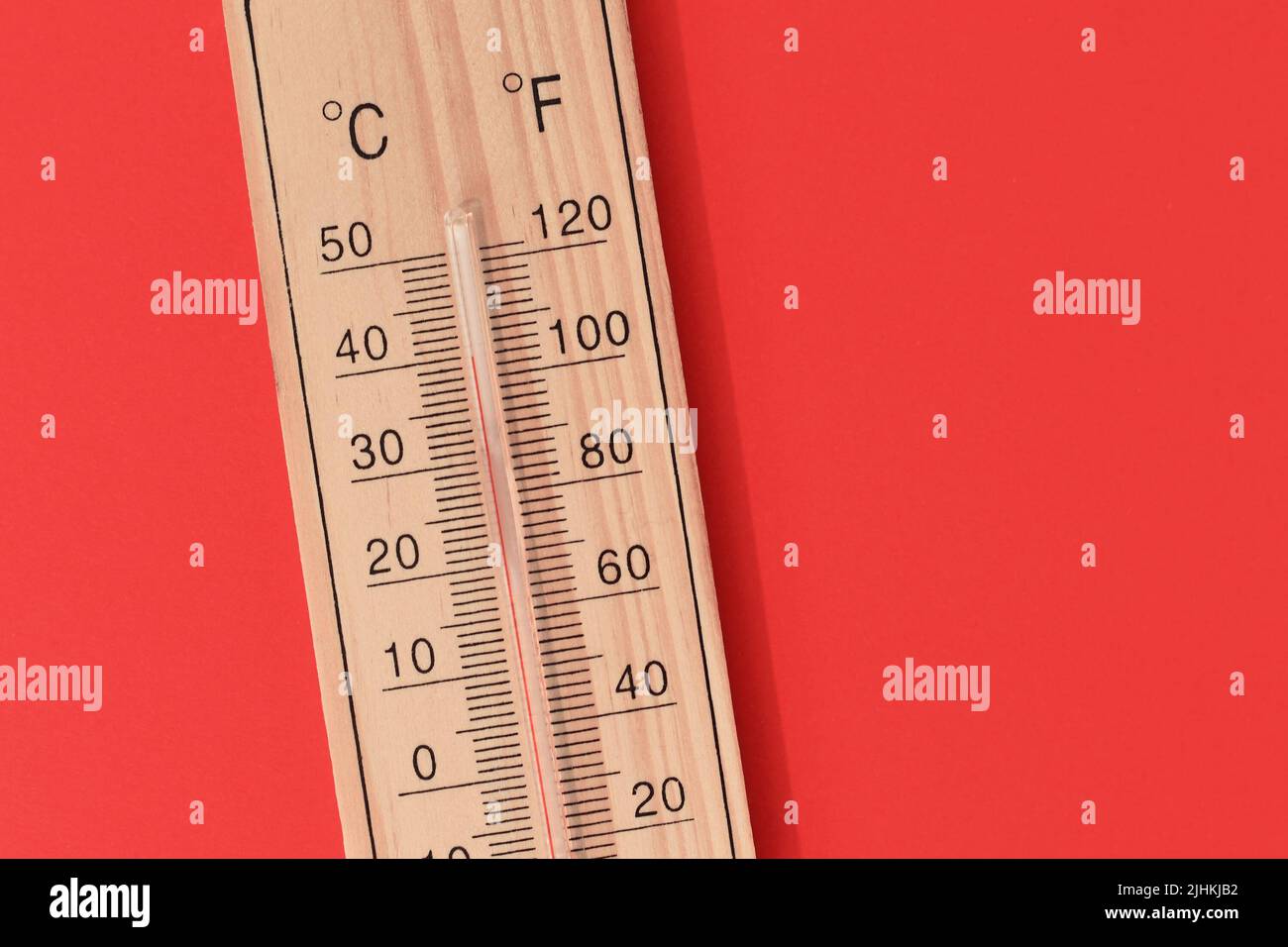 Thermometer showing 40 degrees Celsius or 104 degrees Fahrenheit during summer heat wave Stock Photo