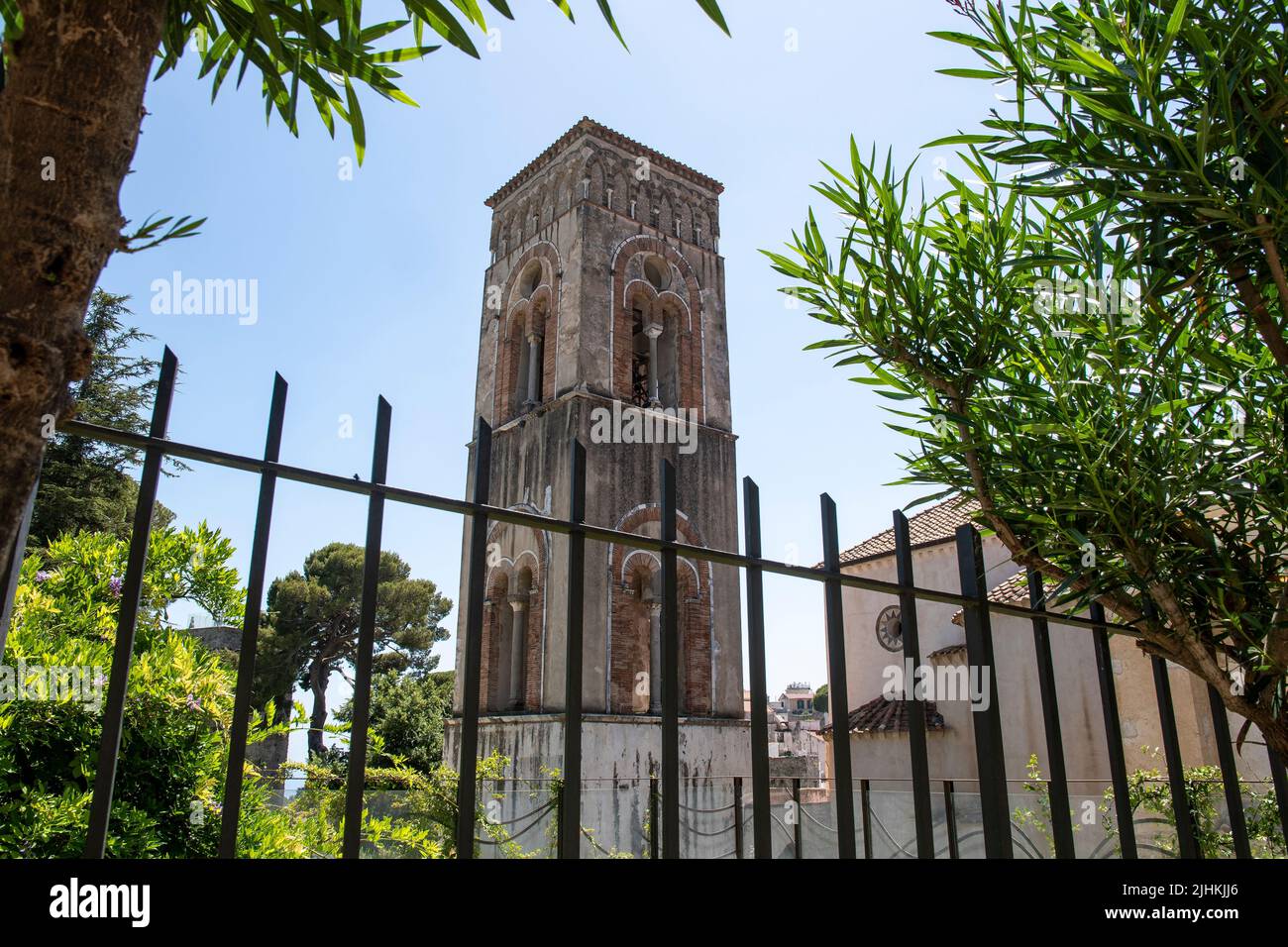 The Bell Tower of the cathedral  looming skywards in the beautiful town of Ravello on the Amalfi Coast, Italy. Stock Photo