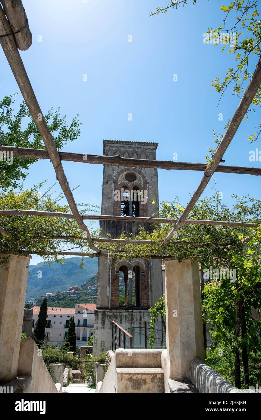 The Bell Tower of the cathedral  looming skywards in the beautiful town of Ravello on the Amalfi Coast, Italy. Stock Photo