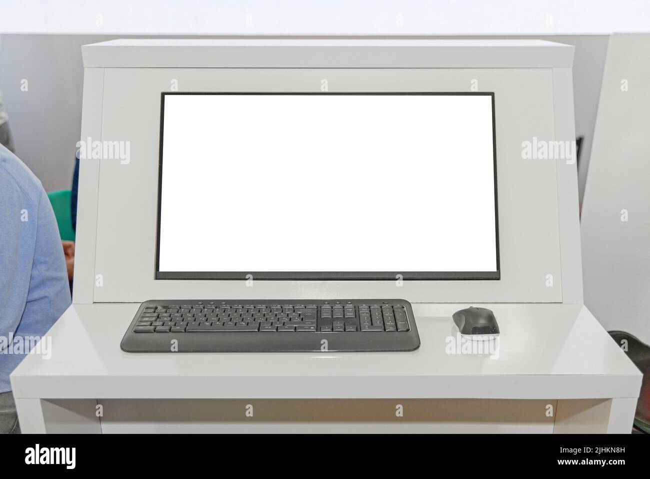 Big Screen Keyboard and Mouse Computer Information Terminal Desk Stock Photo