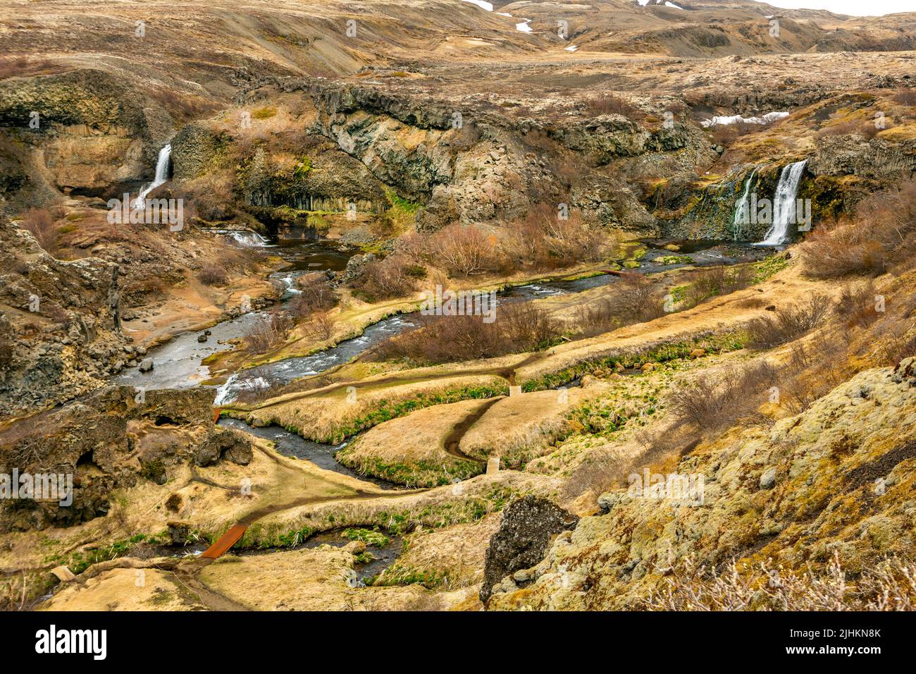 The small valley Gjáin with its small waterfalls, ponds, and volcanic structures is situated in the south of Iceland. Stock Photo