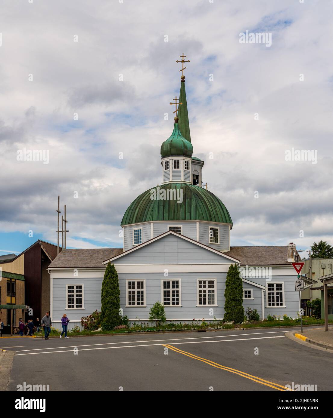 Sitka, AK - 8 June 2022: Exterior of the restored Orthodox cathedral in Sitka in Alaska Stock Photo