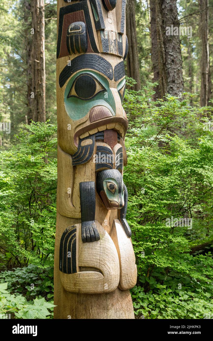 Sitka, AK - 8 June 2022: Totem poles displayed in the Sitka National ...