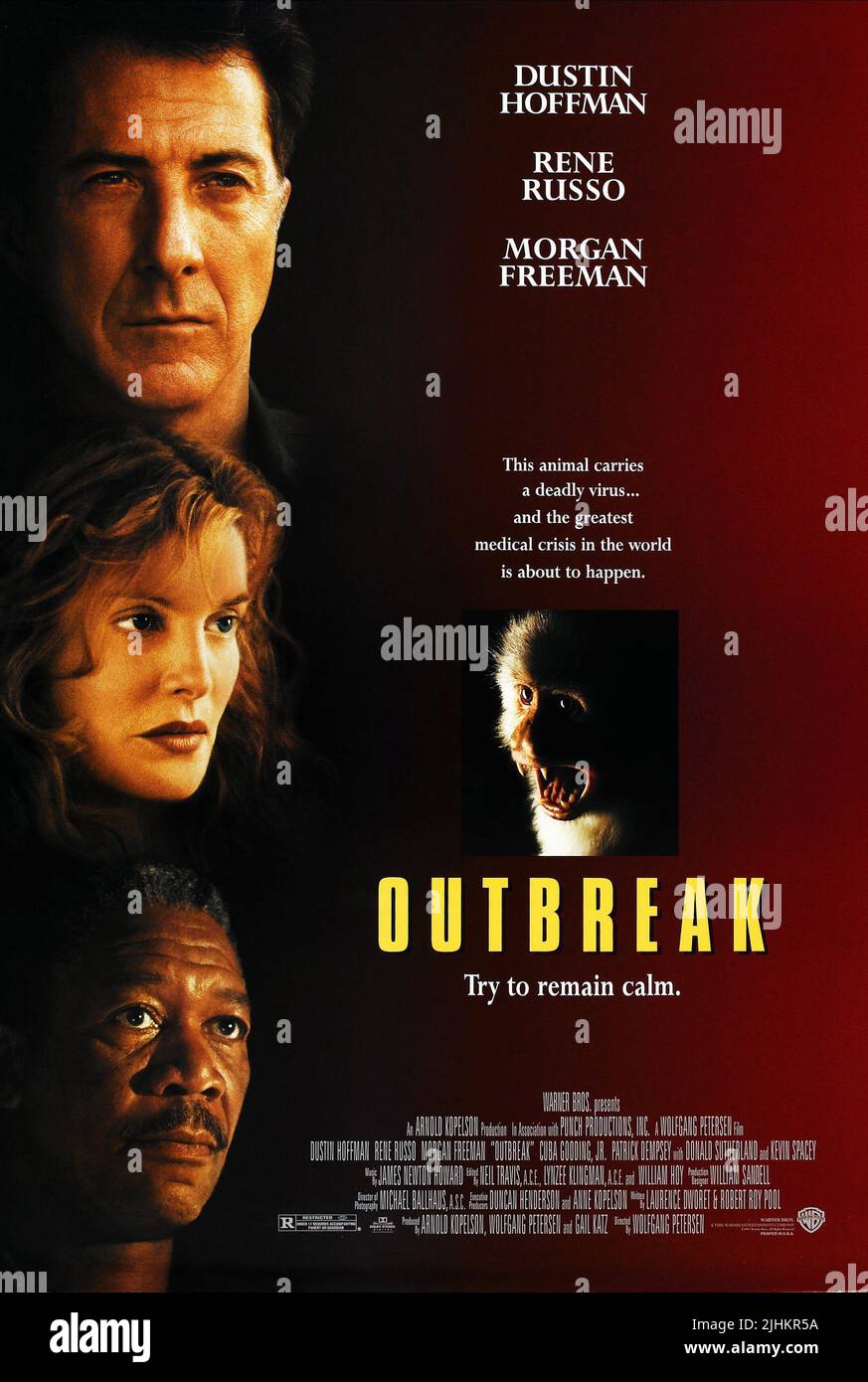 DUSTIN HOFFMAN, RENE RUSSO, MORGAN FREEMAN FILM POSTER, OUTBREAK, 1995 Stock Photo