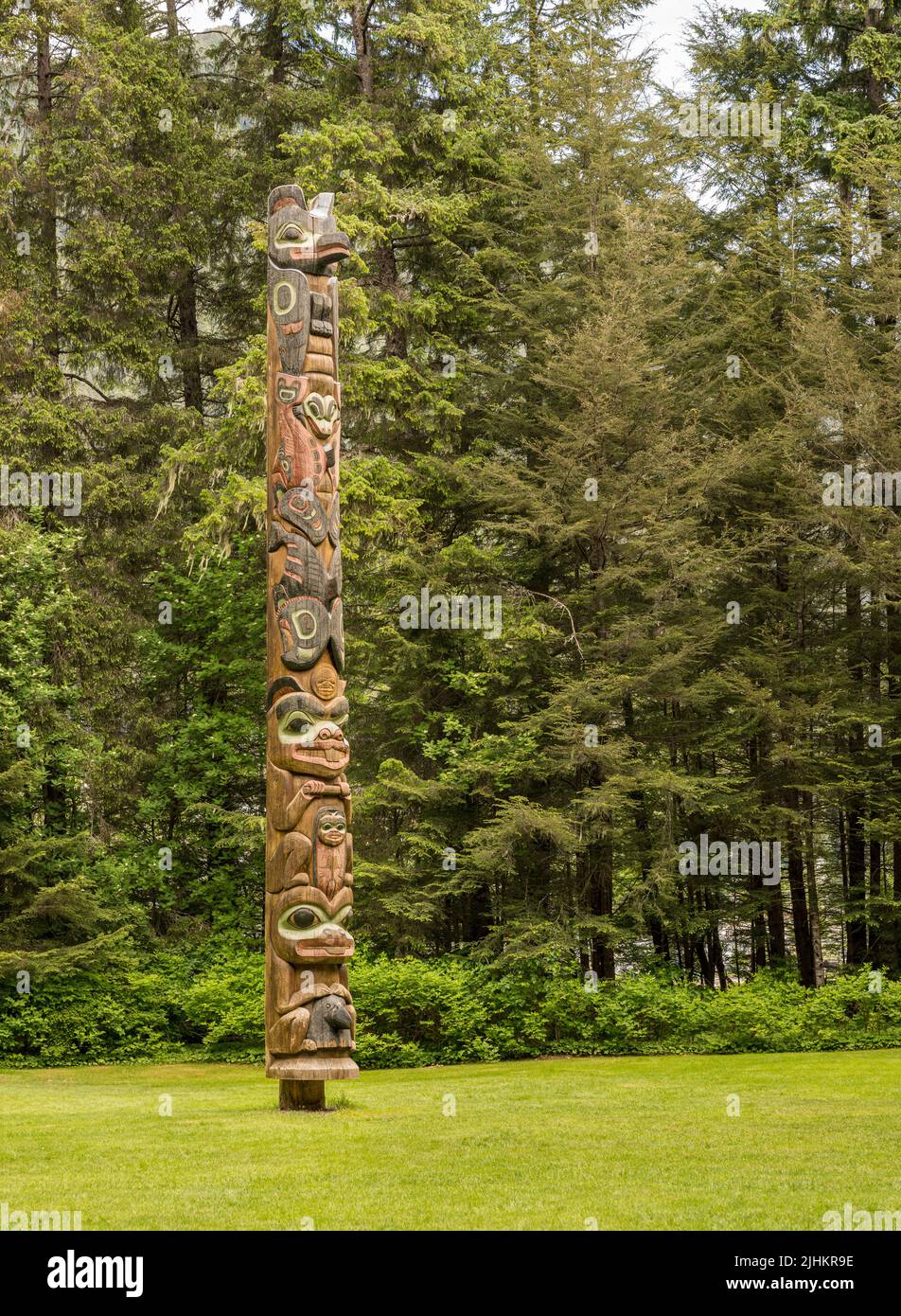 Sitka, AK - 8 June 2022: Totem poles displayed in the Sitka National ...