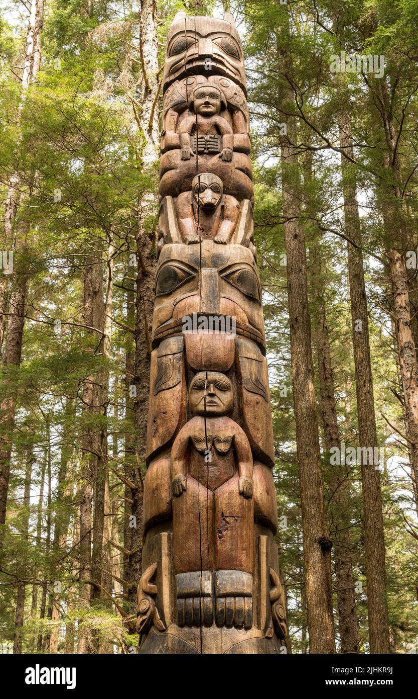 Sitka, AK - 8 June 2022: Totem poles displayed in the Sitka National ...