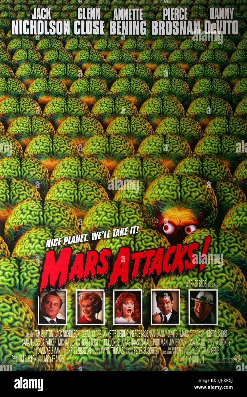 JACK NICHOLSON, GLENN CLOSE, ANNETTE BENING, PIERCE BROSNAN, DANNY DEVITO FILM POSTER, MARS ATTACKS!, 1996 Stock Photo