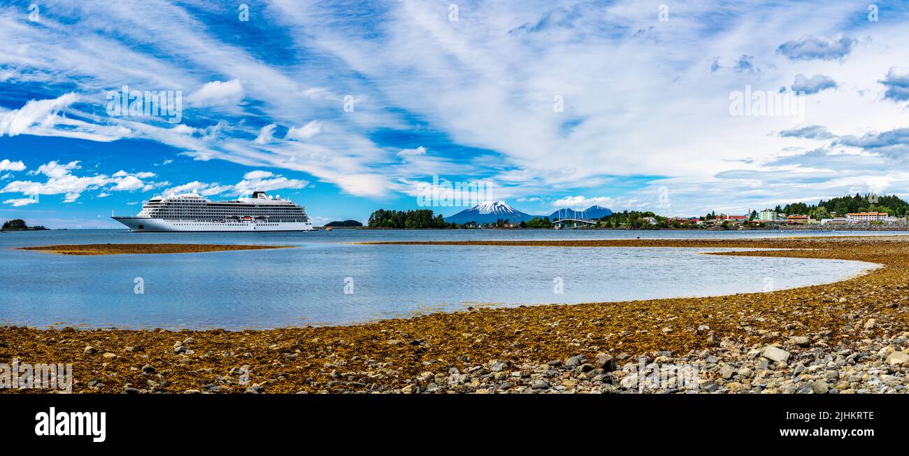 Sitka, AK - 8 June 2022: Viking Orion cruise ship anchored in Sitka bay in Alaska Stock Photo
