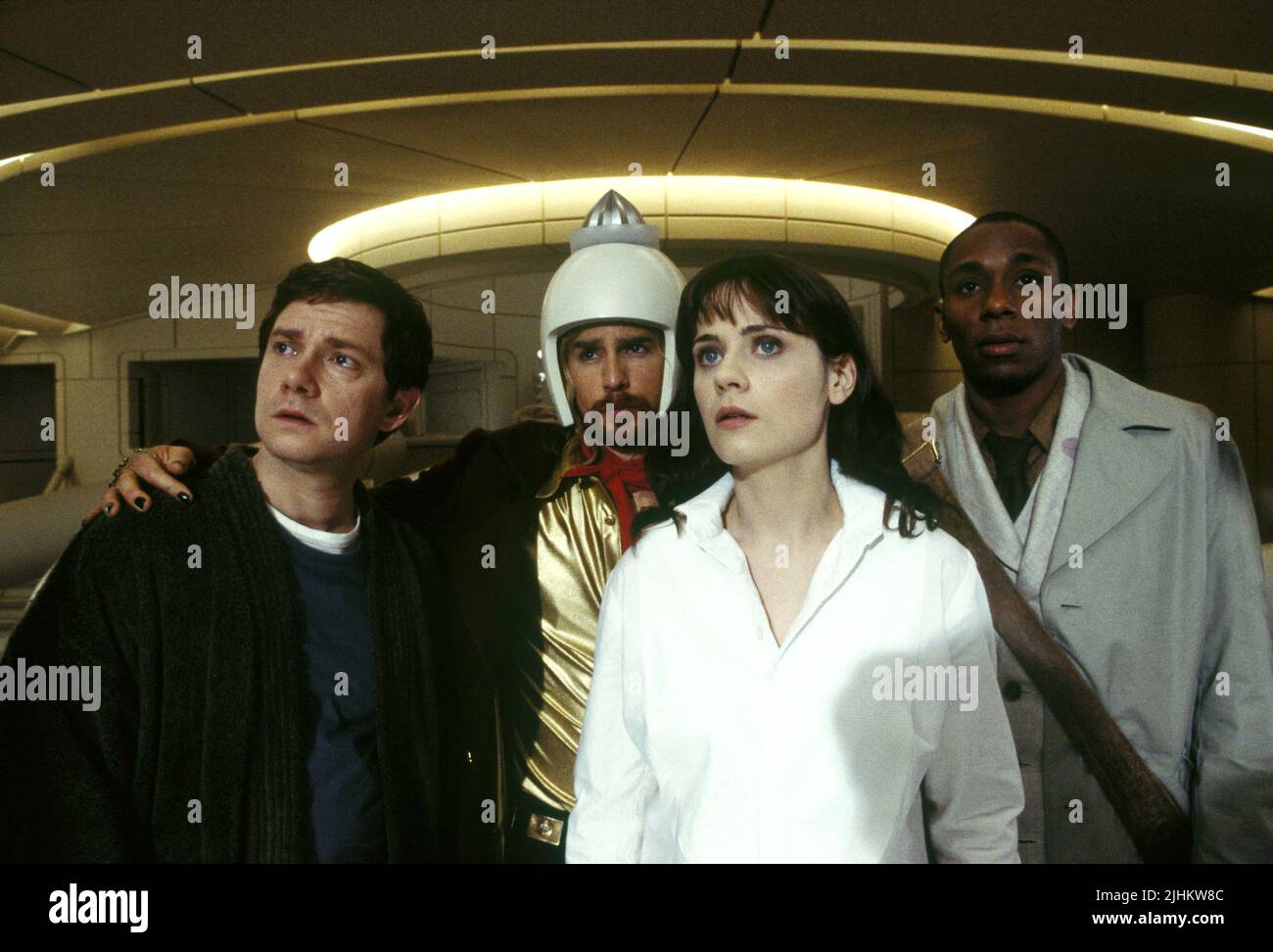 MARTIN FREEMAN, SAM ROCKWELL, ZOOEY DESCHANEL, MOS DEF, THE HITCHHIKER'S GUIDE TO THE GALAXY, 2005 Stock Photo